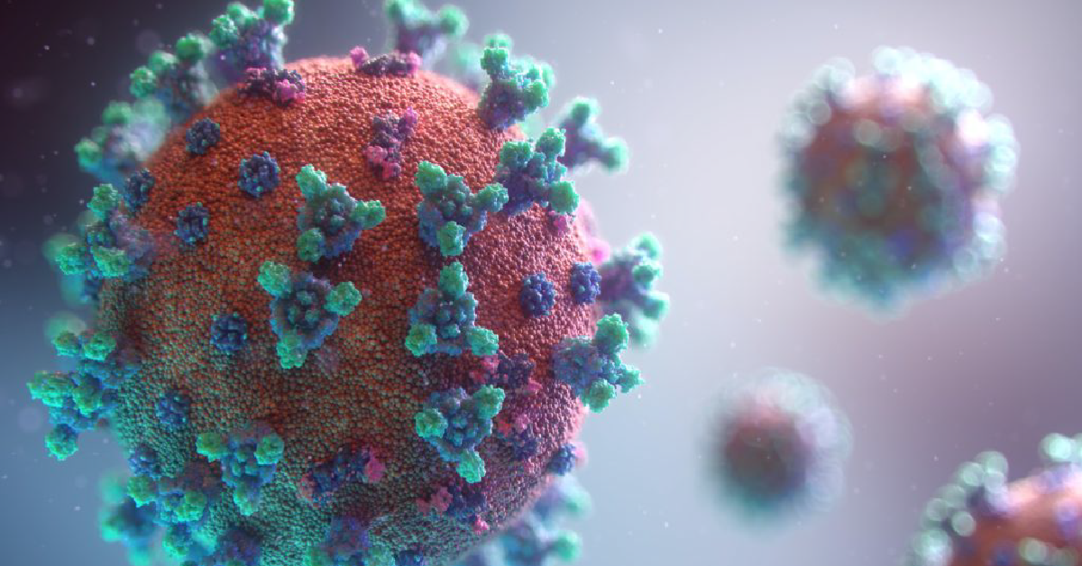 SARS-CoV-2 virus medical illustration. 3D rendering of a close-up virus has a reddish pink base and blue and teal spike proteins. In the background, 3 more stylized viruses are blurred and smaller, in the distance.
